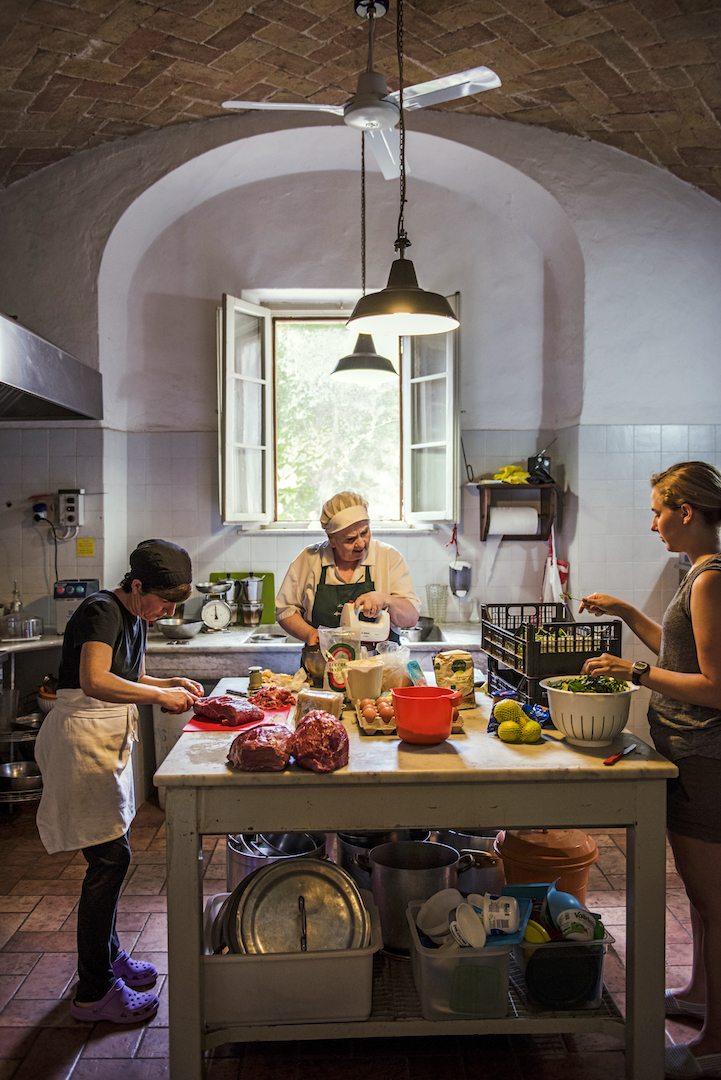 Cooking in the Kitchen, Tenuta di Spannocchia, Siena, Tuscany, Italy.